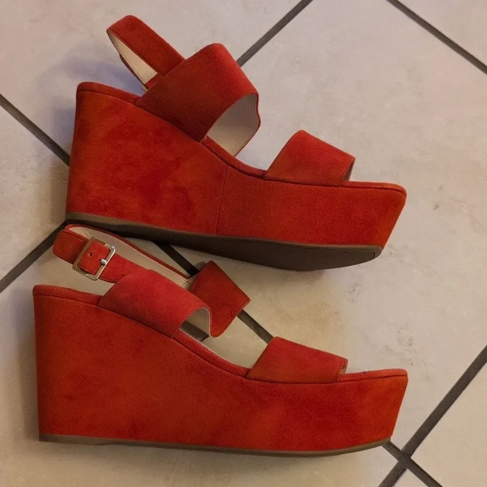 Prada Lipstick Red Wedges Leather Suede Platform Ankle Strap Sandals Size 11.5